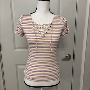 Arizona Jean Co colorful striped lace up v-neck tee size M
